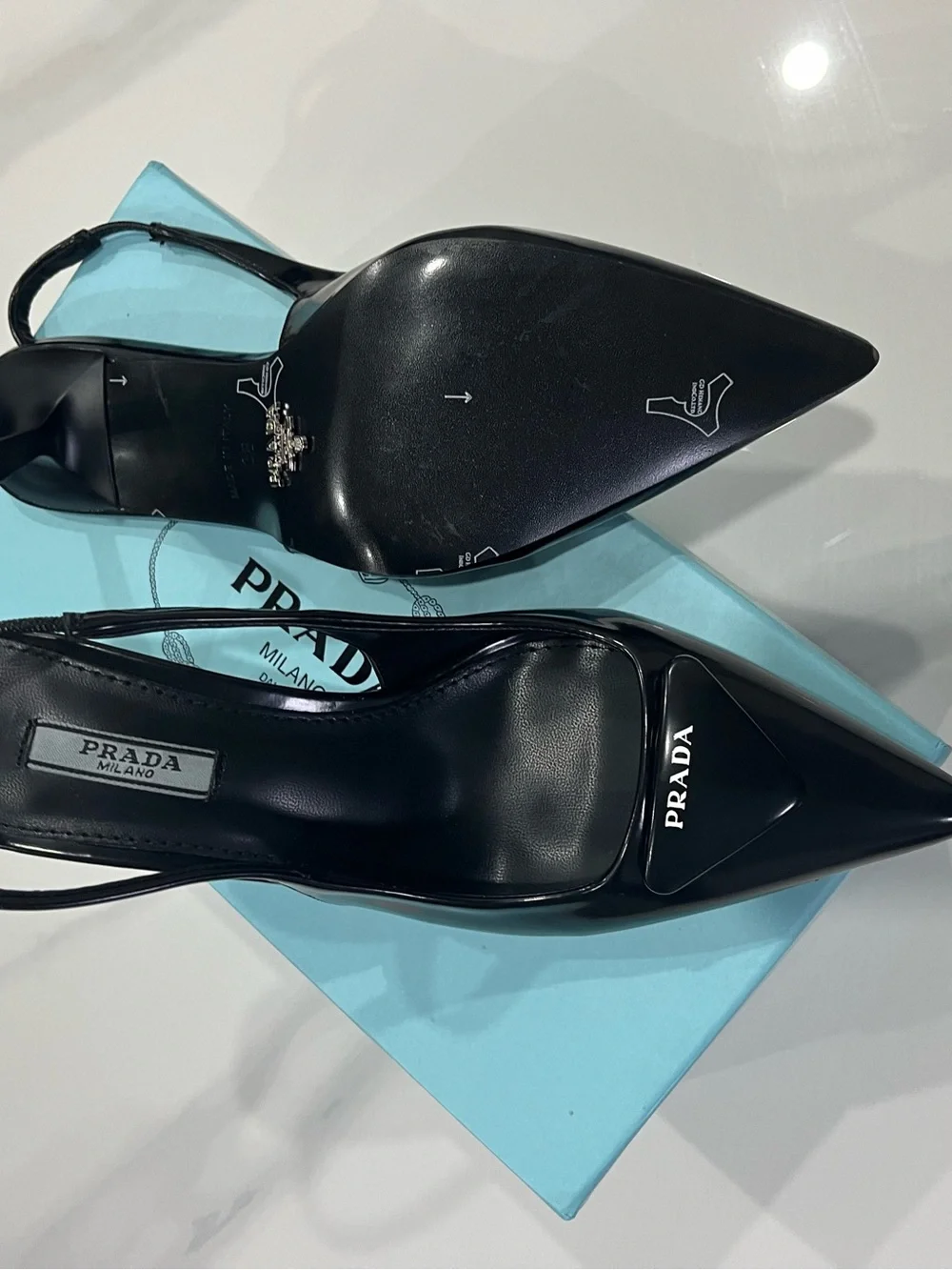 Prada Black Patent Pointed Slingback Pumps